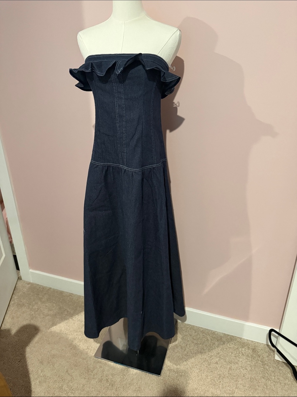 Fashion Nova Navy Denim Strapless Maxi Dress